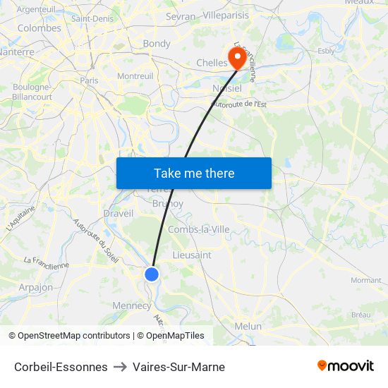 Corbeil-Essonnes to Vaires-Sur-Marne map