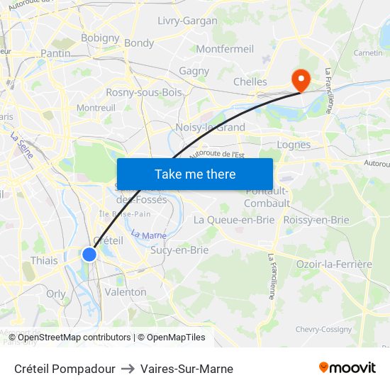 Créteil Pompadour to Vaires-Sur-Marne map
