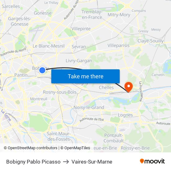Bobigny Pablo Picasso to Vaires-Sur-Marne map