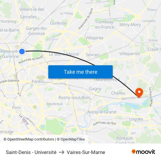 Saint-Denis - Université to Vaires-Sur-Marne map