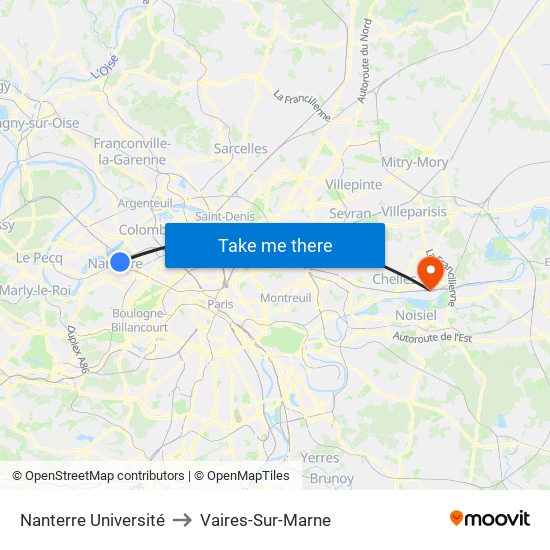 Nanterre Université to Vaires-Sur-Marne map