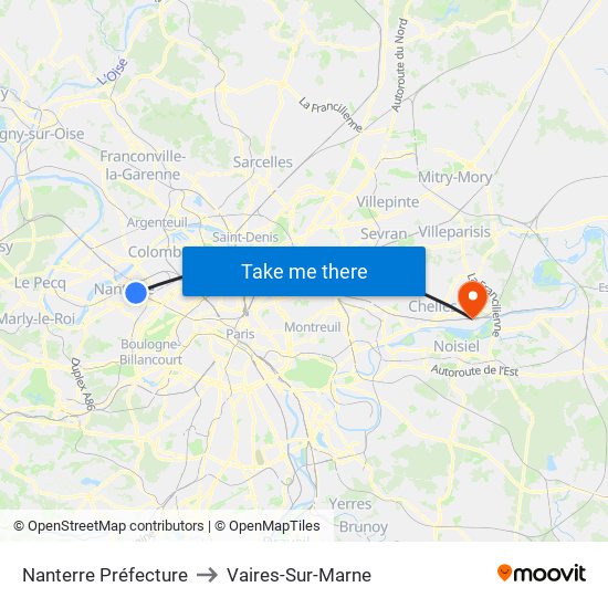 Nanterre Préfecture to Vaires-Sur-Marne map