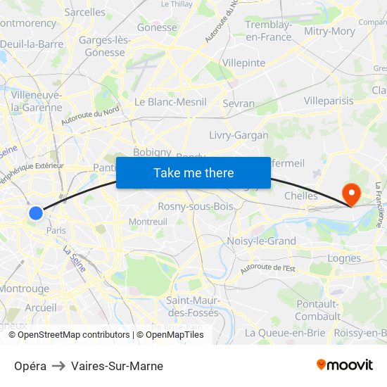 Opéra to Vaires-Sur-Marne map