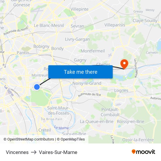 Vincennes to Vaires-Sur-Marne map