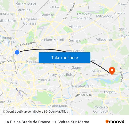 La Plaine Stade de France to Vaires-Sur-Marne map