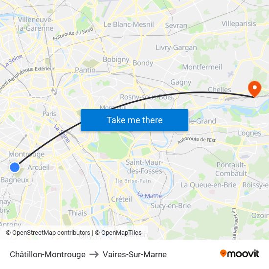 Châtillon-Montrouge to Vaires-Sur-Marne map