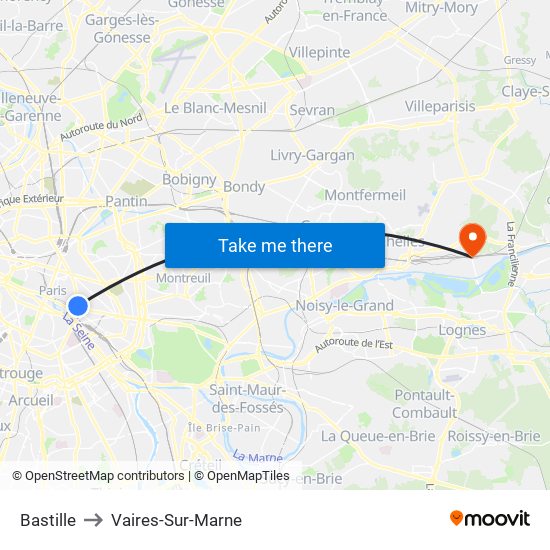 Bastille to Vaires-Sur-Marne map