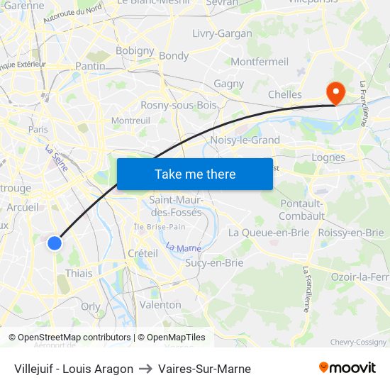 Villejuif - Louis Aragon to Vaires-Sur-Marne map