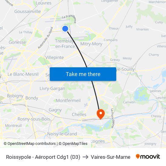 Roissypole - Aéroport Cdg1 (D3) to Vaires-Sur-Marne map