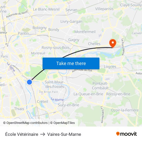 École Vétérinaire to Vaires-Sur-Marne map