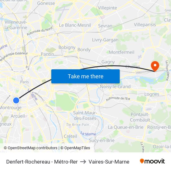 Denfert-Rochereau - Métro-Rer to Vaires-Sur-Marne map