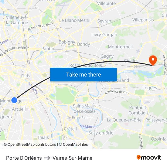 Porte D'Orléans to Vaires-Sur-Marne map