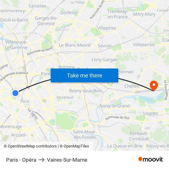 Paris - Opéra to Vaires-Sur-Marne map
