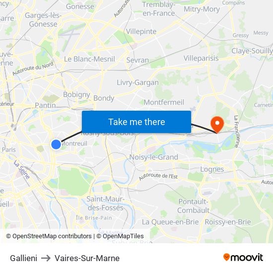 Gallieni to Vaires-Sur-Marne map
