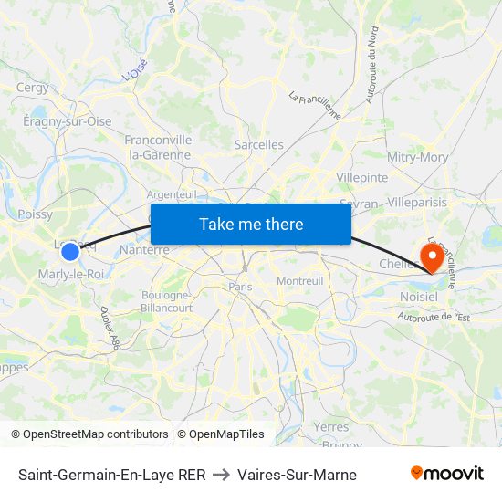 Saint-Germain-En-Laye RER to Vaires-Sur-Marne map