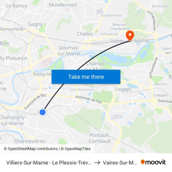 Villiers-Sur-Marne - Le Plessis-Trévise RER to Vaires-Sur-Marne map
