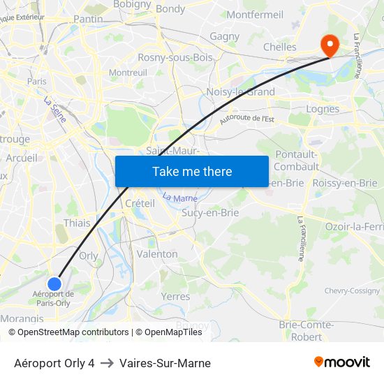 Aéroport Orly 4 to Vaires-Sur-Marne map