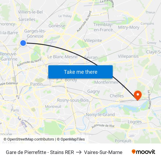 Gare de Pierrefitte - Stains RER to Vaires-Sur-Marne map