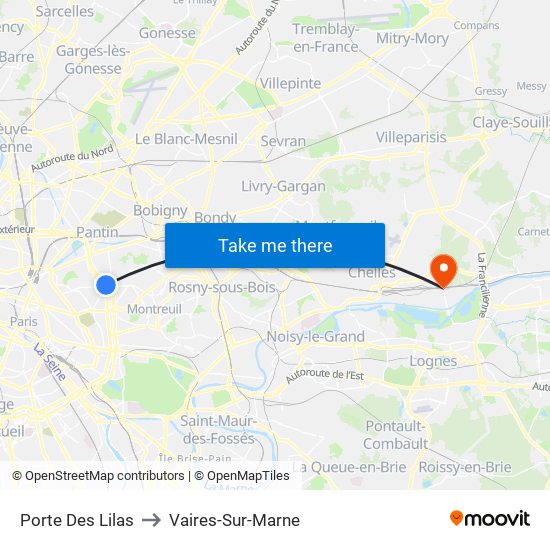 Porte Des Lilas to Vaires-Sur-Marne map