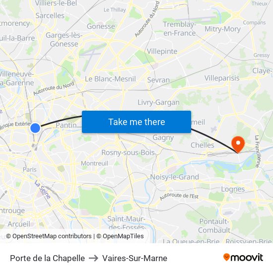 Porte de la Chapelle to Vaires-Sur-Marne map
