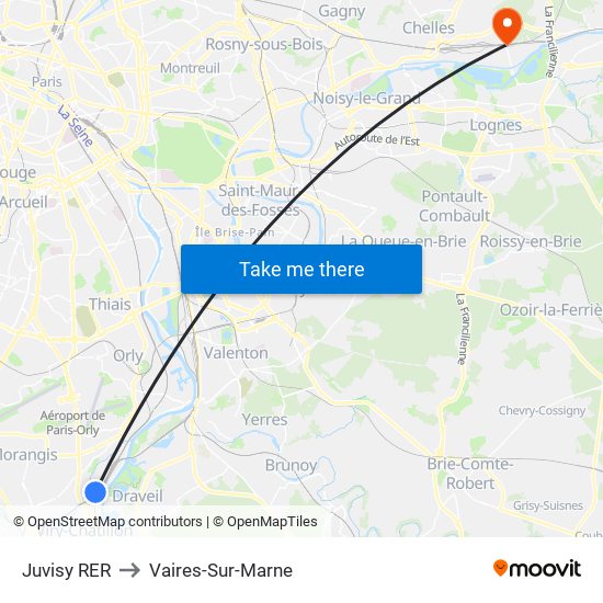 Juvisy RER to Vaires-Sur-Marne map