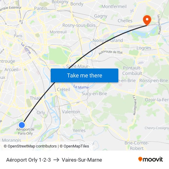 Aéroport Orly 1-2-3 to Vaires-Sur-Marne map