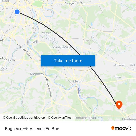 Bagneux to Valence-En-Brie map