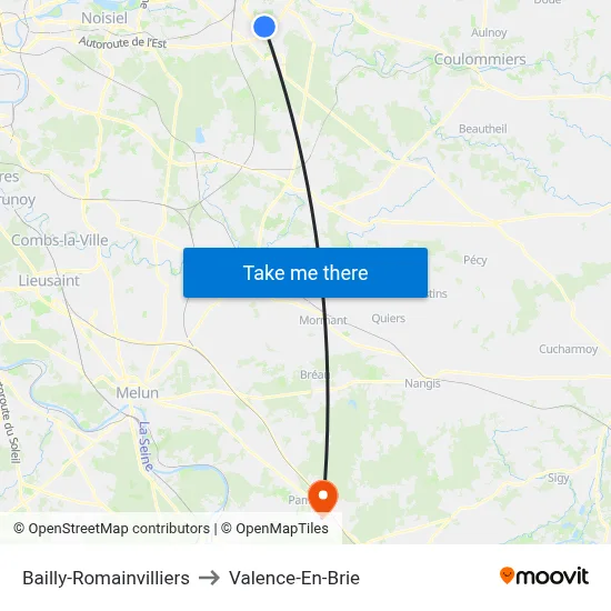 Bailly-Romainvilliers to Valence-En-Brie map