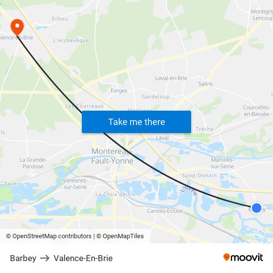 Barbey to Valence-En-Brie map