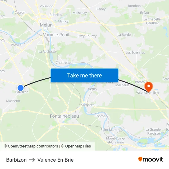 Barbizon to Valence-En-Brie map