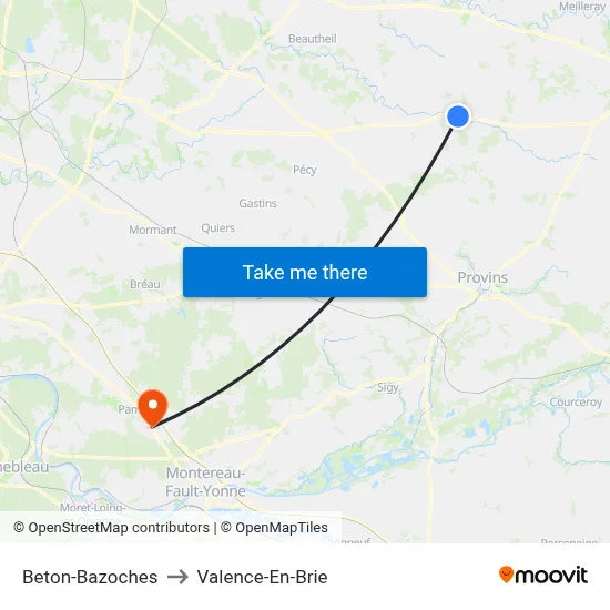 Beton-Bazoches to Valence-En-Brie map