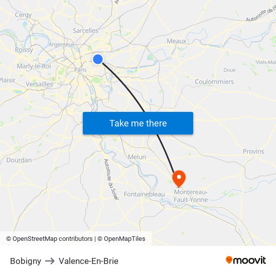 Bobigny to Valence-En-Brie map