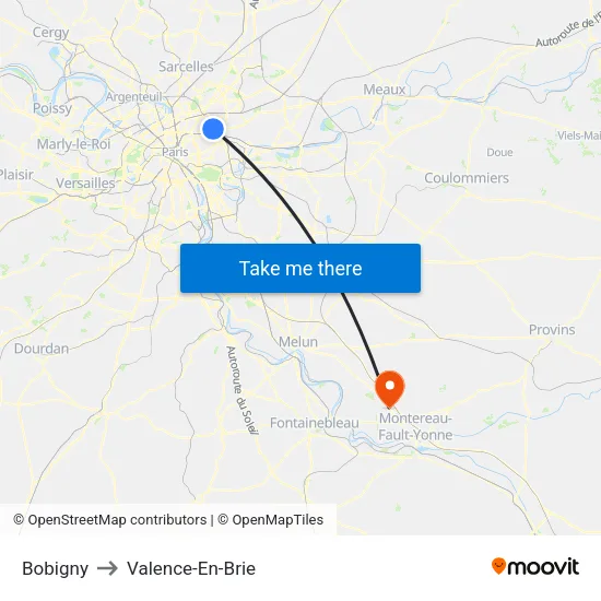 Bobigny to Valence-En-Brie map