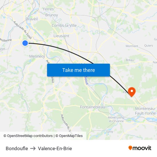 Bondoufle to Valence-En-Brie map
