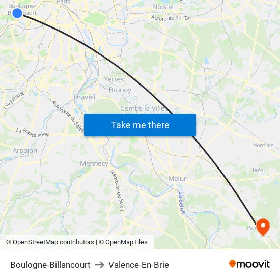 Boulogne-Billancourt to Valence-En-Brie map