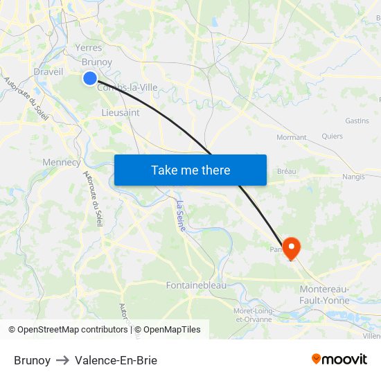 Brunoy to Valence-En-Brie map