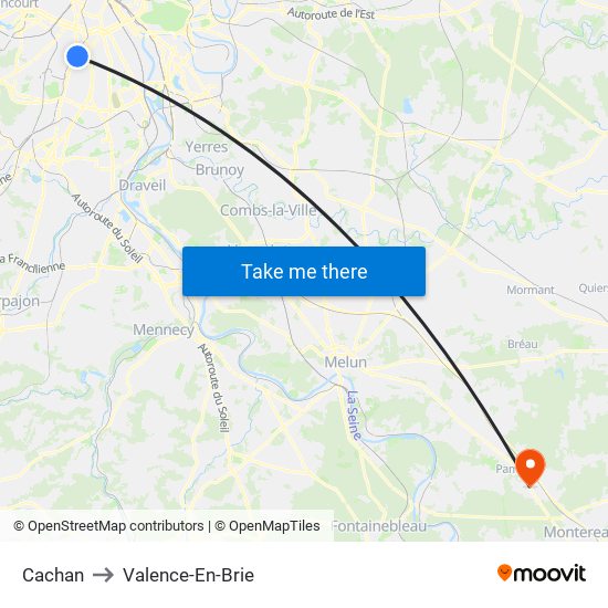 Cachan to Valence-En-Brie map