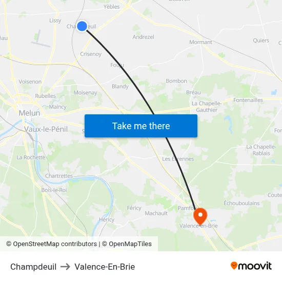 Champdeuil to Valence-En-Brie map