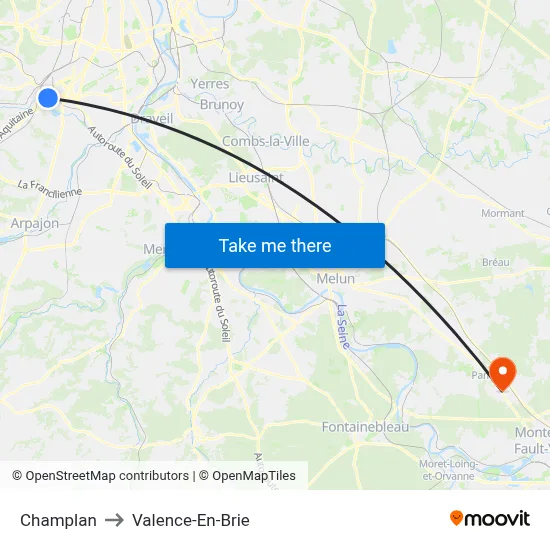 Champlan to Valence-En-Brie map