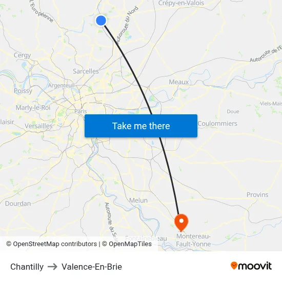 Chantilly to Valence-En-Brie map