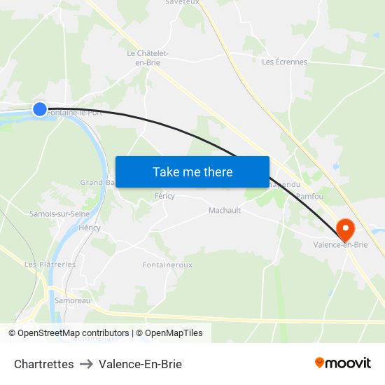 Chartrettes to Valence-En-Brie map