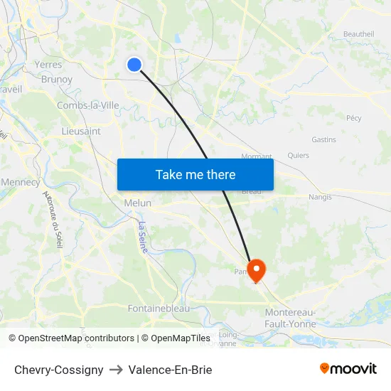 Chevry-Cossigny to Valence-En-Brie map