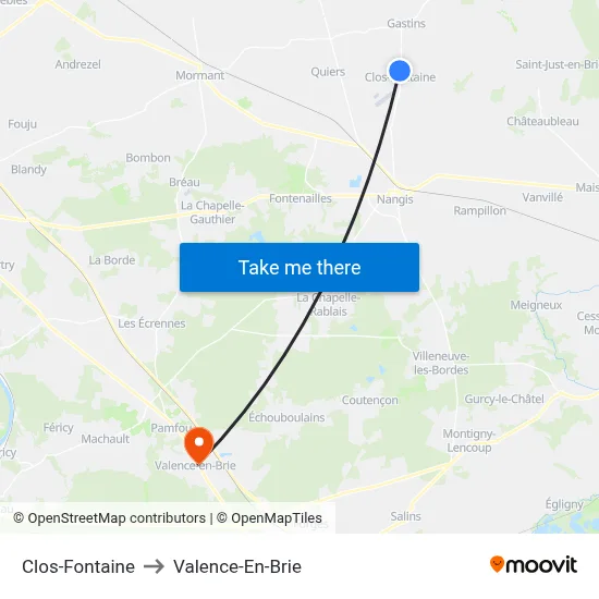 Clos-Fontaine to Valence-En-Brie map