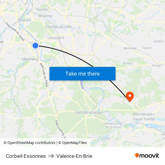 Corbeil-Essonnes to Valence-En-Brie map