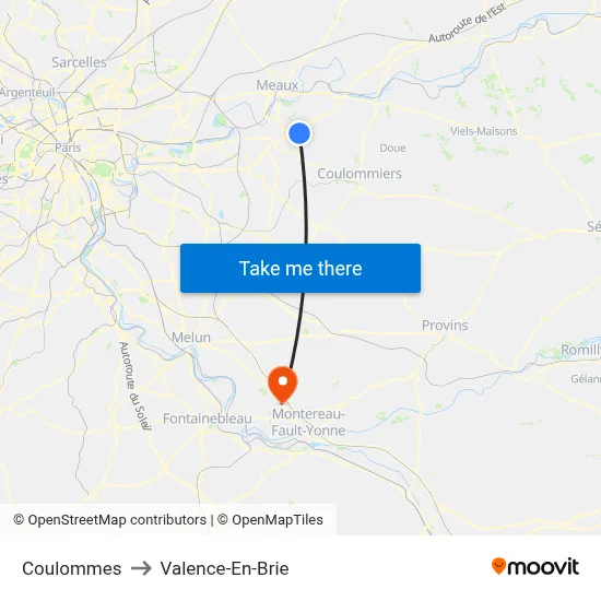 Coulommes to Valence-En-Brie map