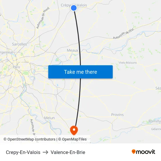 Crepy-En-Valois to Valence-En-Brie map