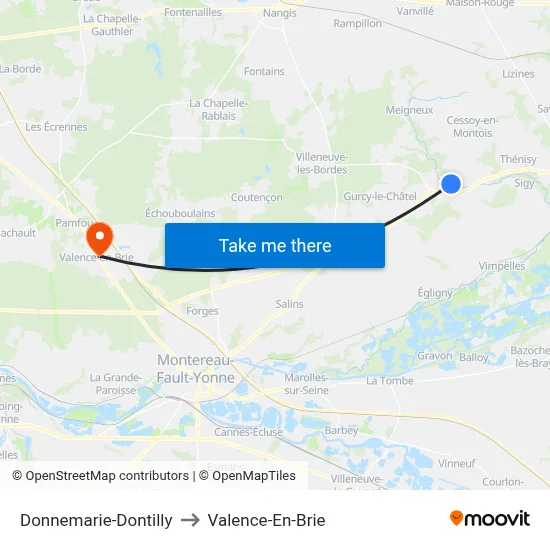 Donnemarie-Dontilly to Valence-En-Brie map