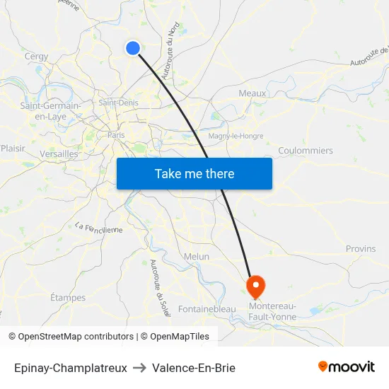 Epinay-Champlatreux to Valence-En-Brie map