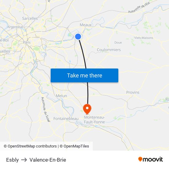 Esbly to Valence-En-Brie map