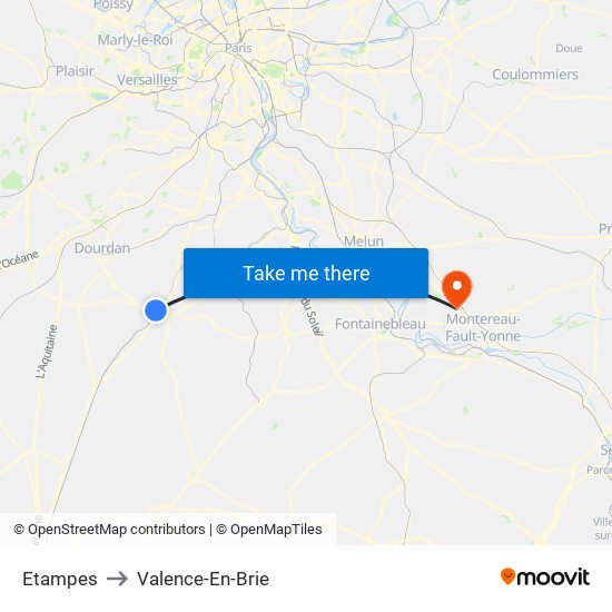 Etampes to Valence-En-Brie map